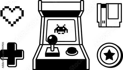 Black and white pixel art retro arcade game machine joystick button alien heart pixel heart game controller
