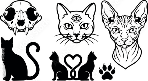 Black and white line art mystical three eyes cat skull silhouette sitting cats with heart shaped tails and paw print vector art