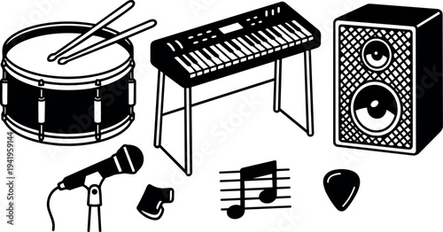 Black and white vector art of drum with sticks keyboard microphone speaker and music icons