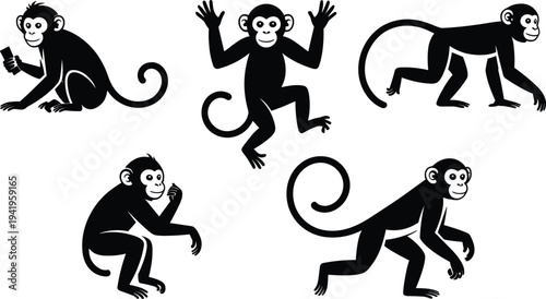 Monkey silhouette icon set featuring playful primate poses isolated on white background for zoo logo, children illustration, mascot design and wildlife graphics