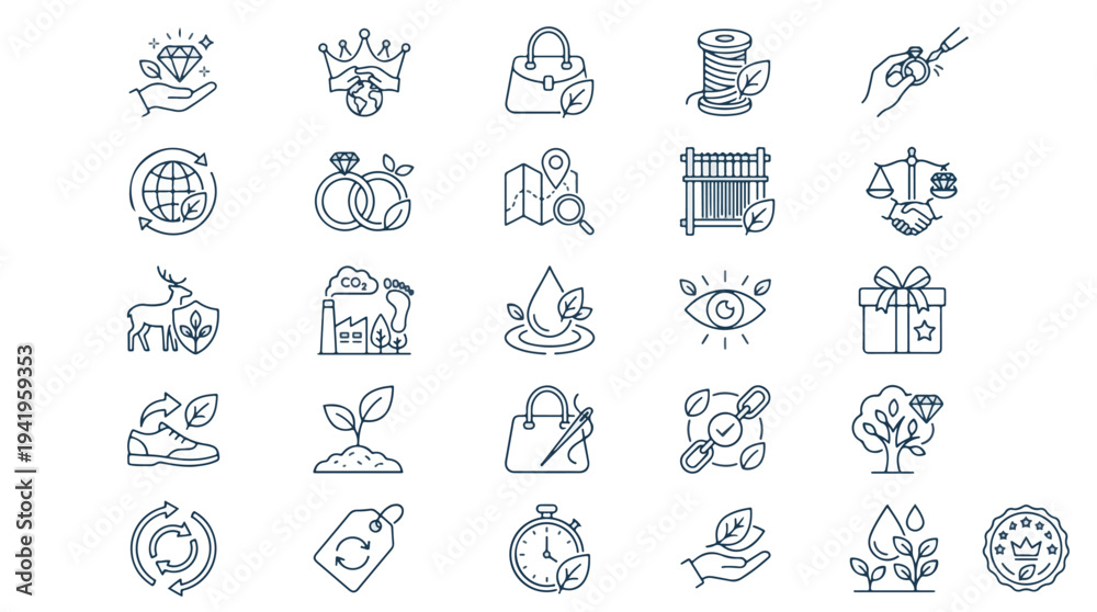 Fototapeta premium Set of 25 Minimalist Line Art Icons on White Background, Perfect for Business and Eco-Friendly Concepts