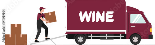 Warehouse worker loading boxes into delivery truck using ramp, logistics and shipping service concept for cargo transportation and distribution