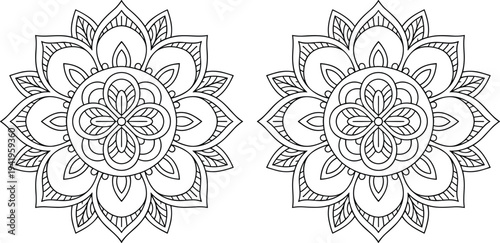Intricate floral mandala vector ornaments featuring minimalist line art with symmetrical petals and decorative patterns for coloring books.