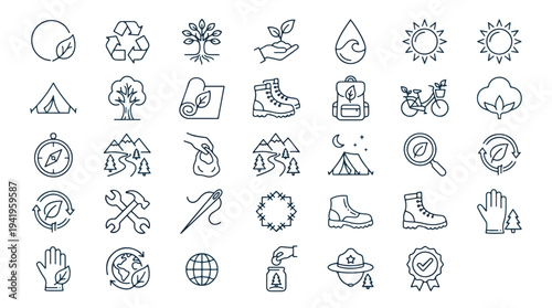 Minimalist Line Art Icons for Outdoor Activities and Nature on White Background