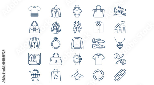 Minimalist Line Art Icons for E-commerce and Fashion, Arranged in Grid, Simple Design