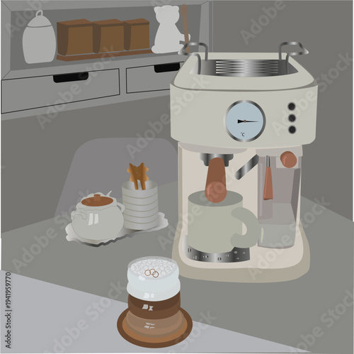 Coffee machine making coffee in cozy kitchen