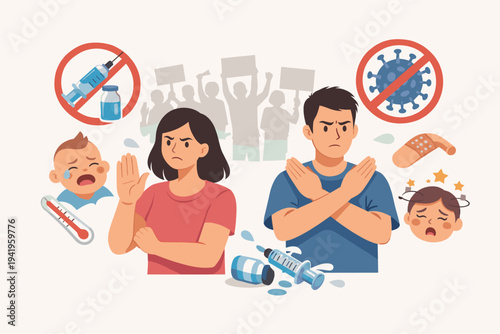 Anti-Vaccination Movement Concept with Angry Parents Refusing Vaccines and Protesting Medical Treatment, Skepticism over Side Effects and Safety, Flat Vector Illustration for Social Issues