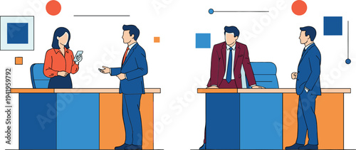Business meeting and negotiation at office desk, professionals discussing contract and partnership agreement in corporate workplace illustration set