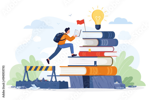 Conceptual illustration of a man climbing a stack of books like stairs to reach a glowing lightbulb idea, overcoming hurdles and obstacles in his path to achieve education, knowledge and success.