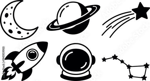 Black and white flat design space icon set with crescent moon rocket planet astronaut helmet star constellation vector