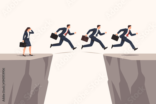 Businesswoman Lagging Behind Businessmen and Divided by a Gap, Gender Inequality in the Workplace Concept, Men Jumping Across Chasm While Woman is Left Behind, Career Obstacles and Glass Ceiling