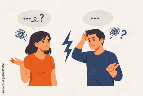 Flat vector illustration of a perplexed man and woman experiencing a communication breakdown and misunderstanding, featuring confused expressions, speech bubbles with scribbles, and conflict icons.