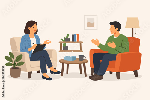 Vector illustration of a professional female psychologist taking notes during a therapy session with a male patient sitting in an armchair in a cozy office. Mental health counseling and support.