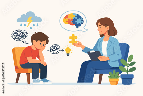 Female Psychologist Helping a Sad Boy with Mental Health Issues and Emotional Problems Using Puzzle Pieces and Therapy Techniques, Child Counseling and Professional Psychological Support Vector Design