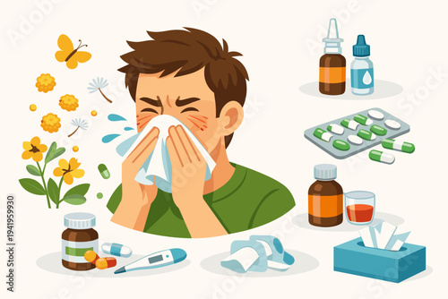 Seasonal Allergy Treatment Vector Illustration: Man Sneezing into Tissue with Pollen, Flowers, Nasal Spray, Eye Drops, Pills, and Thermometer Icons for Healthcare and Medical Information Design.