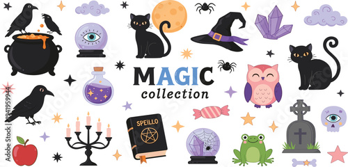 Cute magic collection vector set with black cat raven potion witch hat owl crystals moon cauldron and spooky halloween elements