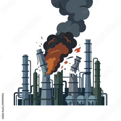vector flat oil refinery complex explodes and burns 005