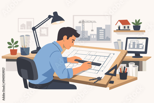 Flat vector illustration of a professional male architect drafting a new construction project on a blueprint at a drawing board in a creative office studio with architectural tools and models.