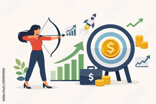 Vector Illustration of an Ambitious Businesswoman Aiming a Bow and Arrow at a Financial Target with Dollar Coin, Representing Wealth Growth, Investment Strategy, and Successful Goal Achievement.