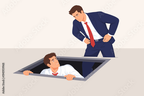 Business Boss Looking Down at Employee Climbing Out of Hole in Floor, Vector Illustration of Corporate Hierarchy, Career Advancement, Workplace Struggle, Power Dynamics, and Professional Growth.