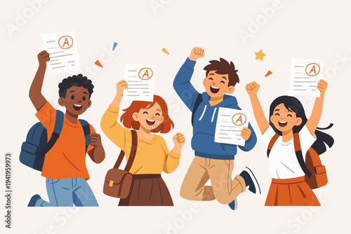 Happy Diverse Group of Students Celebrating Academic Success and High Grades Jumping for Joy with A Plus Test Results in Hand Simple Flat Vector Illustration for School and Education Concept