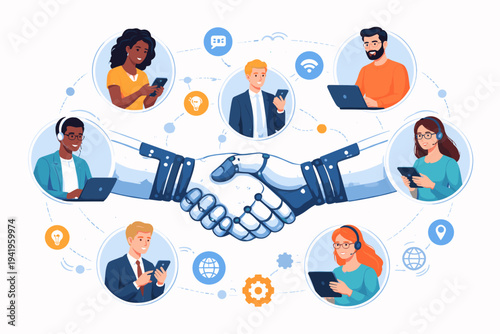 Robotic Handshake Symbolizing Artificial Intelligence Collaboration with Diverse Professionals Using Digital Devices and Connectivity Icons in a Modern Flat Vector Illustration Concept.