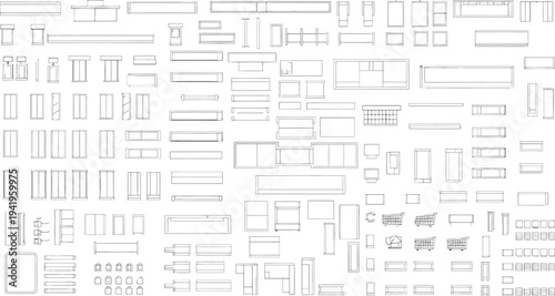 A collection of various black technical drawing lines and shapes isolated on transparent background