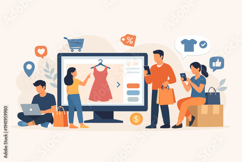 Flat vector illustration of people shopping for clothes online using digital devices like laptops and smartphones. E-commerce concept with men and women browsing fashion, holding shopping bags.