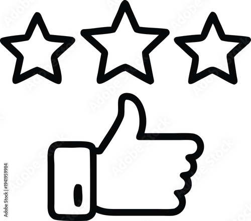 A graphic representation of a positive review with stars and a thumbs up
