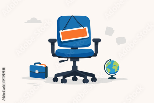 Flat Vector Illustration of a Blue Office Chair with a Vacant Sign, Symbolizing International Business Hiring, Recruitment, Job Vacancy, and Career Opportunities in the Global Corporate Market.