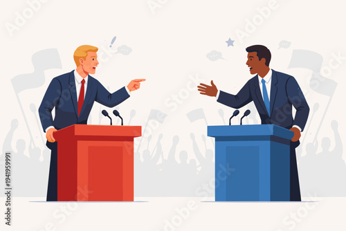 Two Political Leaders Debating at Podiums in Front of a Crowd, Flat Vector Illustration of Election Campaign Debate, Candidates Arguing and Gesturing During Public Speaking Event