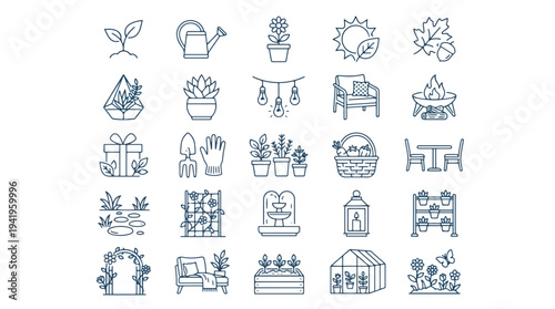 Minimalist Line Art Icon Set Featuring Home and Garden Elements in Simple Design