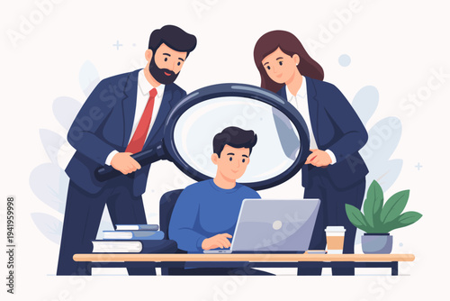 Vector Illustration of Two Professional Managers Holding a Large Magnifying Glass to Closely Monitor and Supervise a Male Employee Working on a Laptop at His Office Desk, Scrutiny and Review Concept