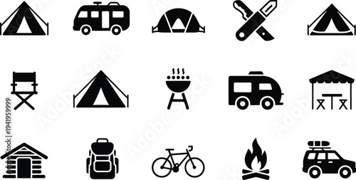 Black silhouettes of various camping and outdoor icons on white background