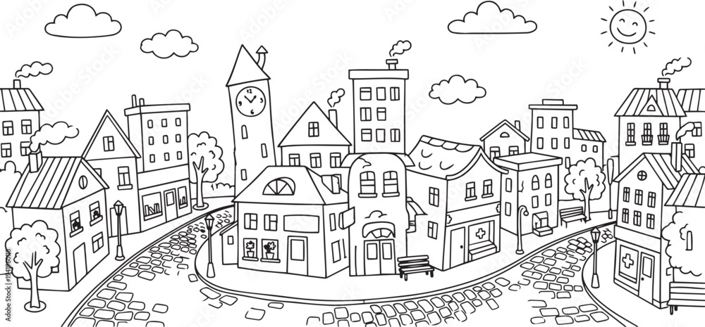 Fototapeta premium City landscape. Line urban backdrop. Skyline with clouds, different buildings on street, doodle street draw, outline cityscape hand sketch, flat houses. Hand drawn vector illustration