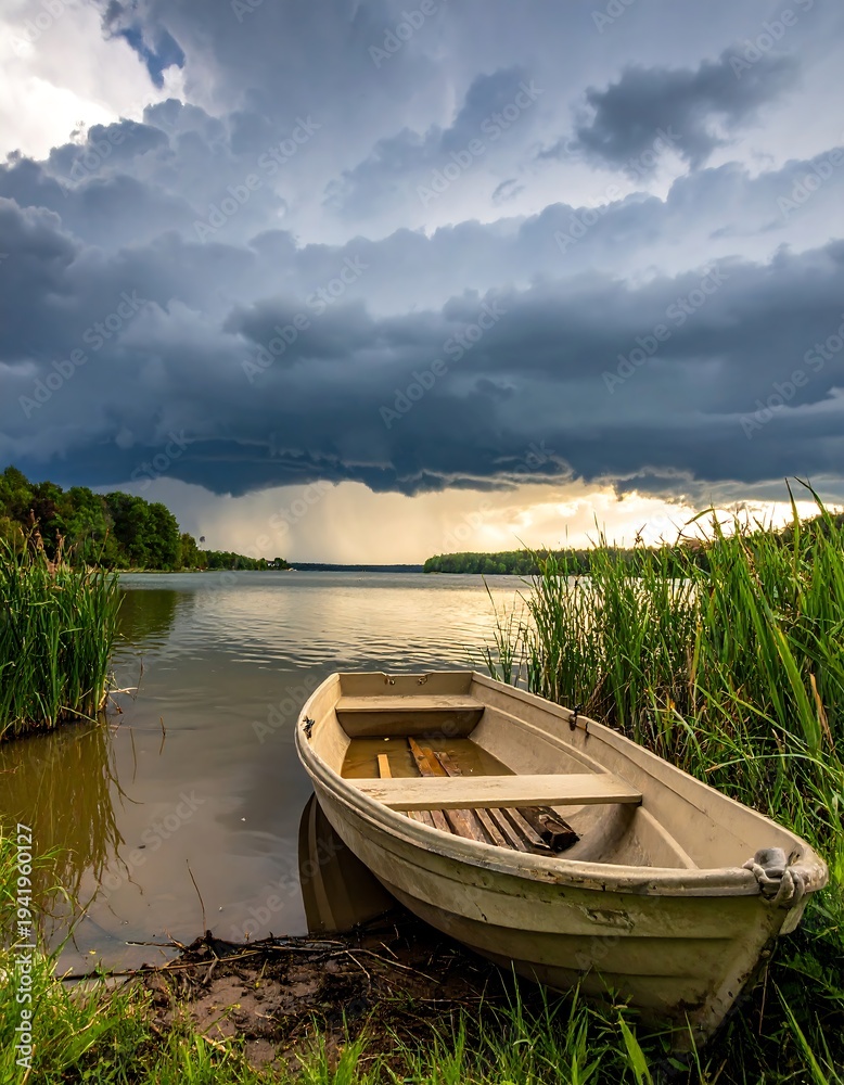 Obraz premium A small boat rests on a lake's edge, under a dramatic, stormy sky