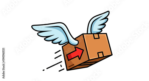 A flying package with wings, symbolizing fast delivery and logistics. The package is soaring through the air with an arrow showing direction