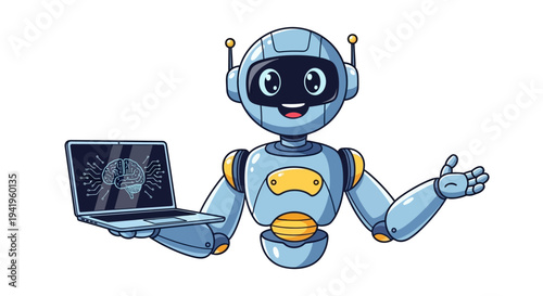 A friendly robot holding a laptop with an Artificial intelligence brain image