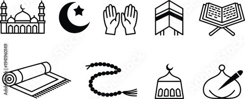 Islamic religion symbols and objects in black and white line art style