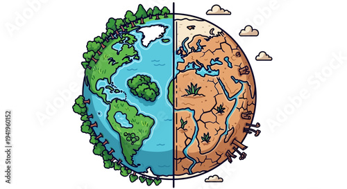 A stark visual representation of climate change, depicting a divided Earth with contrasting halves – one thriving, the other ravaged by drought and environmental devastation.