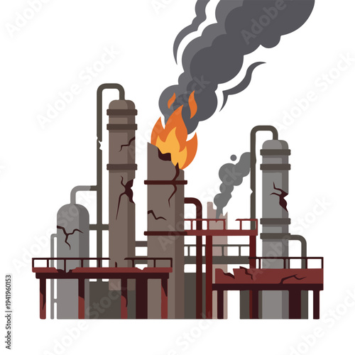 vector flat oil refinery complex explodes and burns 003