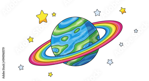 An illustrated cartoon of a planet surrounded by a colorful ring and stars