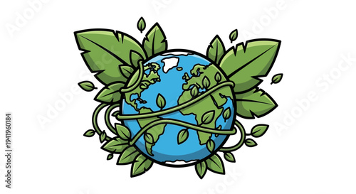 A vibrant illustration of Earth encircled by lush leaves, symbolizing environmental protection and nature conservation