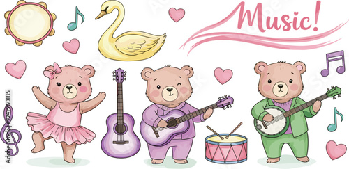 Cute Music-Themed Bear Sticker Set Featuring Singing, Dancing, and Playing Instruments for Kids' Design