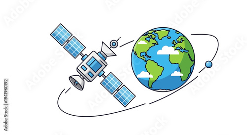 A graphic illustration of a satellite orbiting the Earth, showcasing the beauty of space exploration