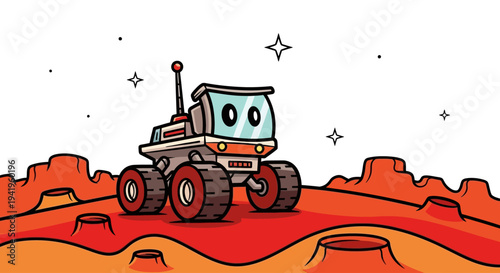 Cartoon illustration of a rover exploring a planet surface with a starry sky in the background. The scene evokes a sense of wonder and the possibilities of space exploration