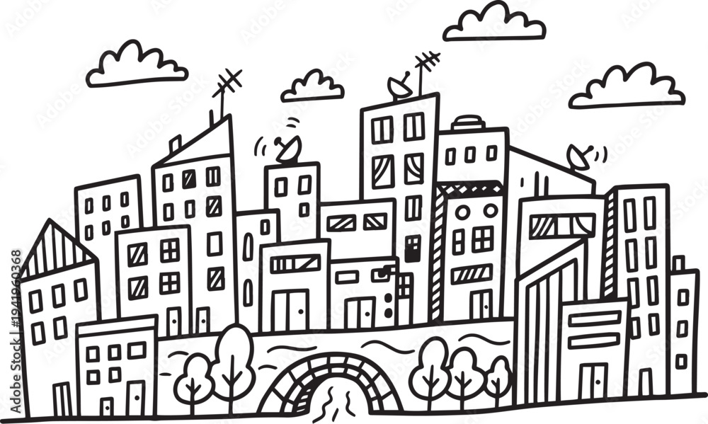 Fototapeta premium City landscape. Line urban backdrop. Skyline with clouds, different buildings on street, doodle street draw, outline cityscape hand sketch, flat houses. Hand drawn vector illustration