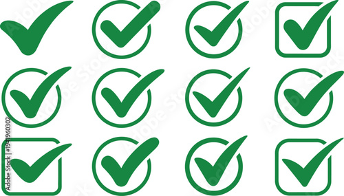Green checkmark icons in various shapes and styles for approval and confirmation purposes