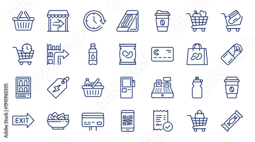 Minimalist line art shopping and business icons set flat design vector illustration isolated on white background