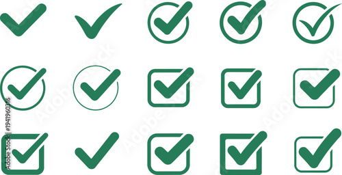Green checkmark icons in various shapes and styles for approval and confirmation purposes online